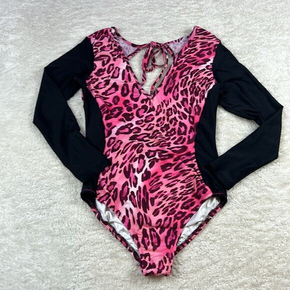 Y Customs Swimsuit long sleeved pink leopard one piece suit, size large - Picture 1 of 11